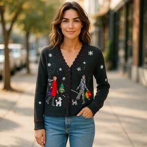 Ambra‎ Black Embroidered Decorated Cardigan Petite Small